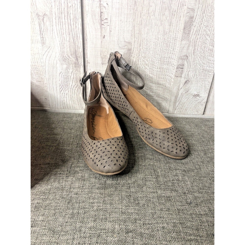 American Rag Womens Shoes Flats Size 6.5 Taupe Brown Ankle Strap Back Zipper